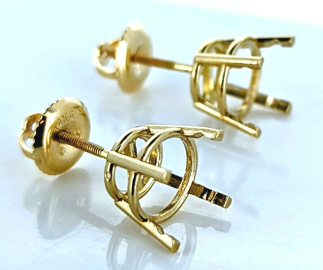 Pair 14K Yellow Gold Round Pre-Notched Stud Earring Settings Threaded Screw Back