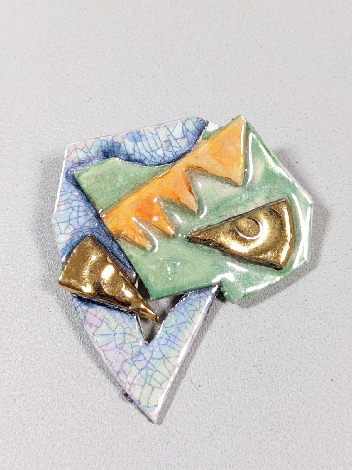 Blue Green Gold Tone Abstract Ceramic Pin Brooch