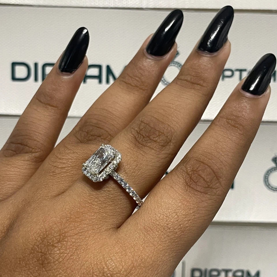 Halo Diamond Ring 2.28 Carat Lab Grown Radiant IGI E F VVS CVD 14k White Gold