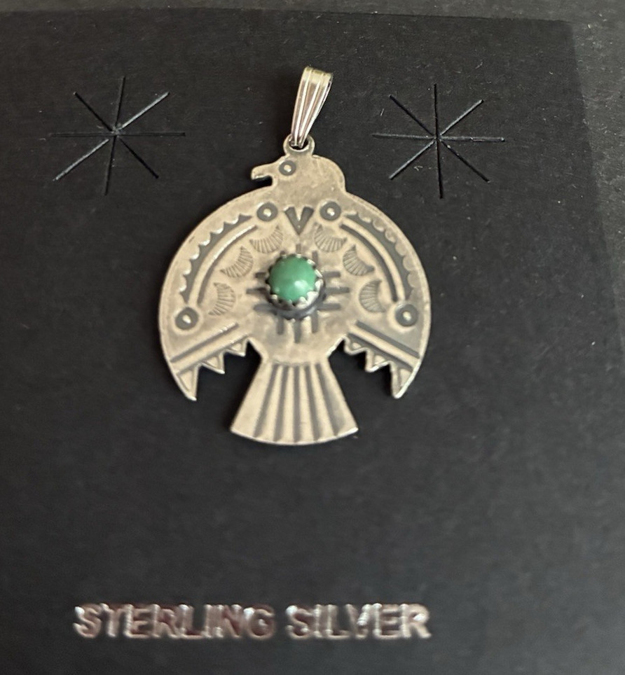 Navajo Sterling Silver Turquoise Stamped Thunderbird Pendant