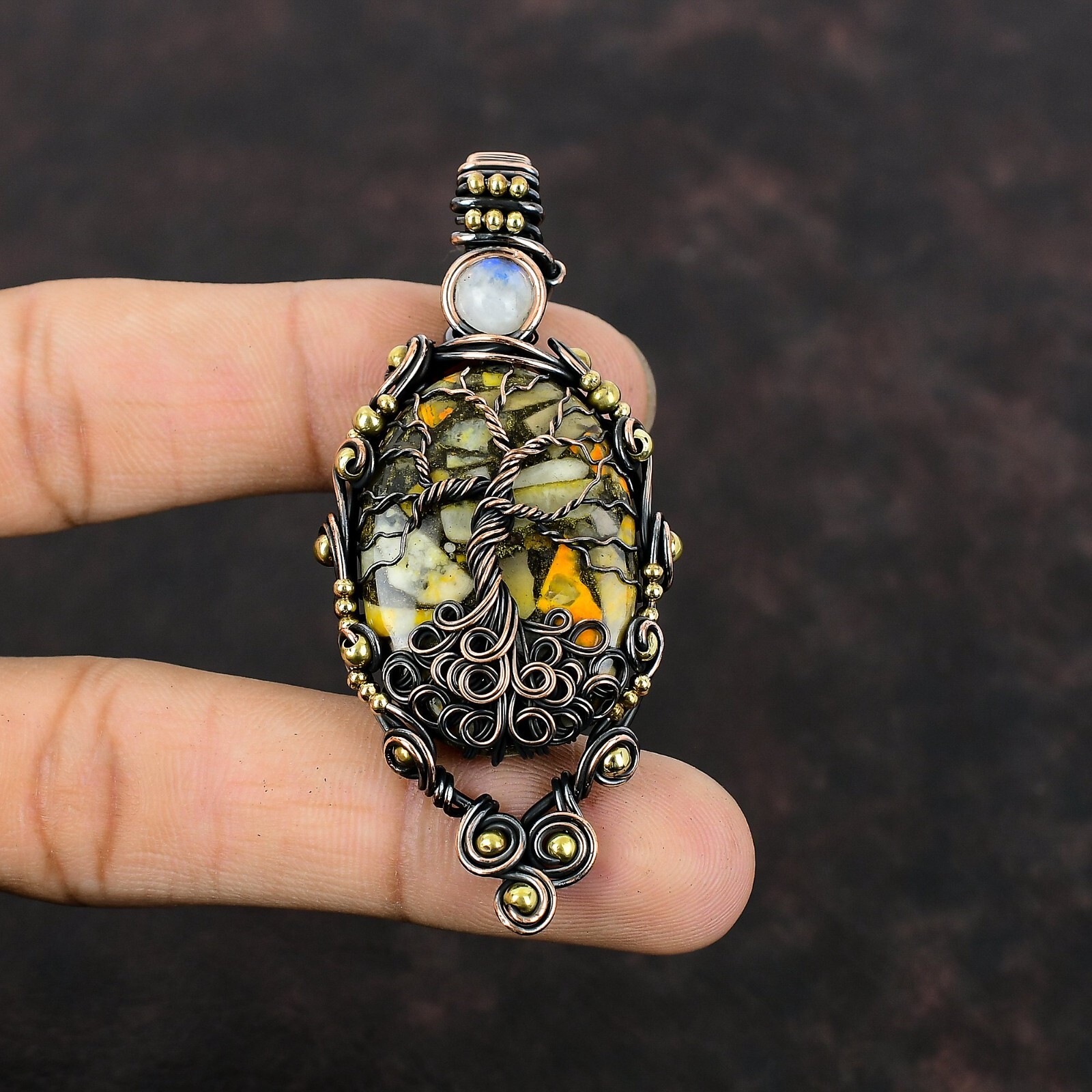 Bumble Bee Jasper Copper Gift For Friend Wire Wrapped Tree Of Life Pendant 2.76″