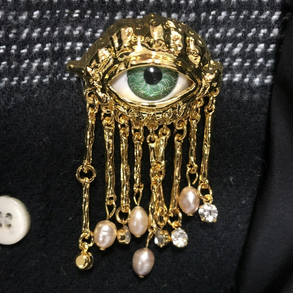 Vintage Evil Eye Brooch Pin Pearl Tassel Metal Badge Unisex Jewelry