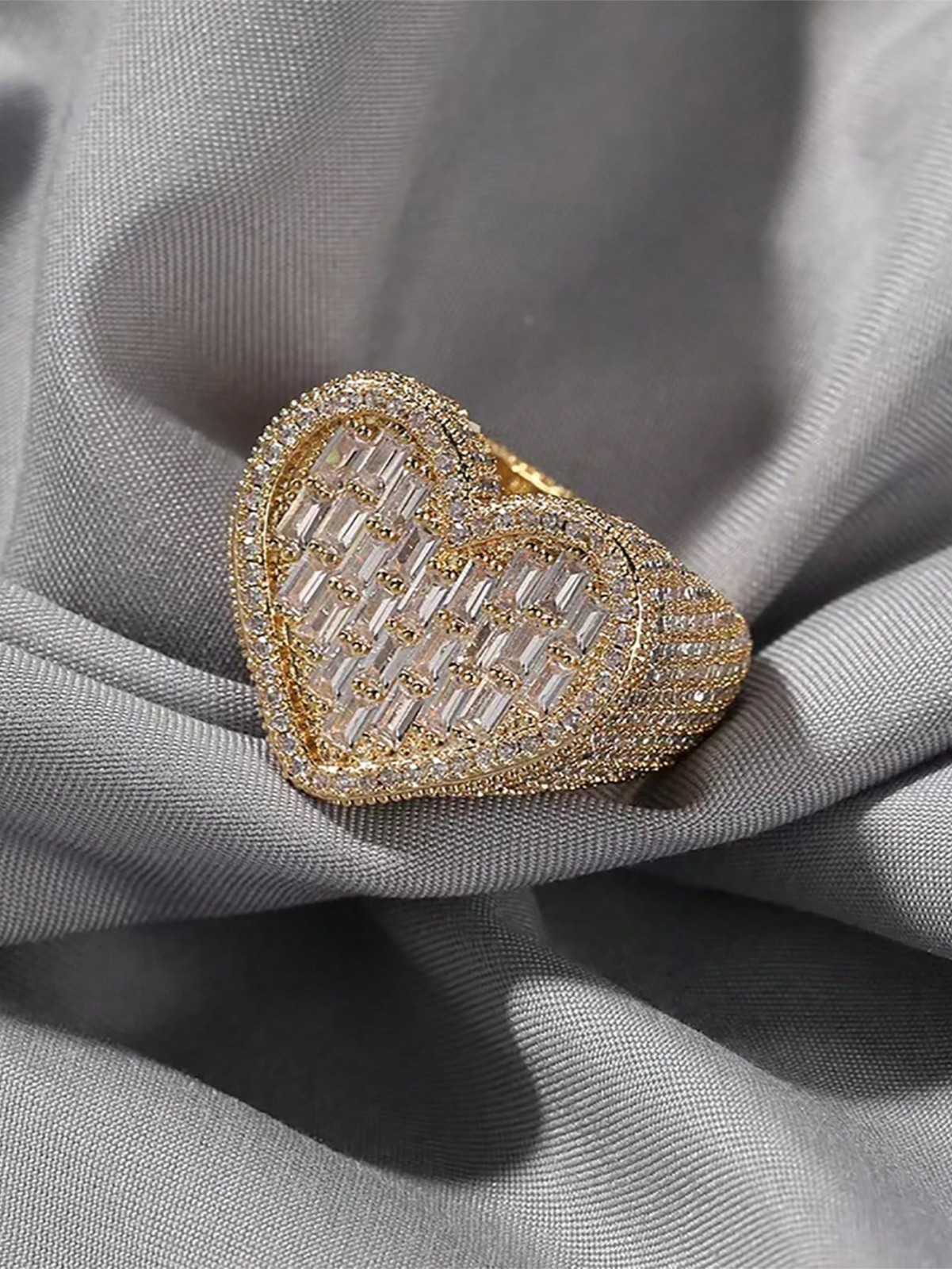 Womens Iced Out Heart Shaped Ring Adjustable Bling CZ Statement Jewelry Gift