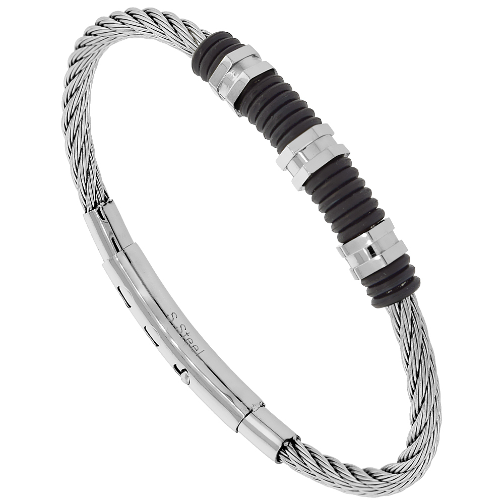 Stainless Steel Black Rubber Rings Center Adjustable Wire Bangle Bracelet