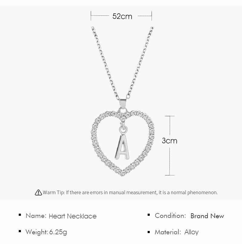 Ladies Silver Love Heart Initial Alphabet Letter Cubic Chain Girls Necklace