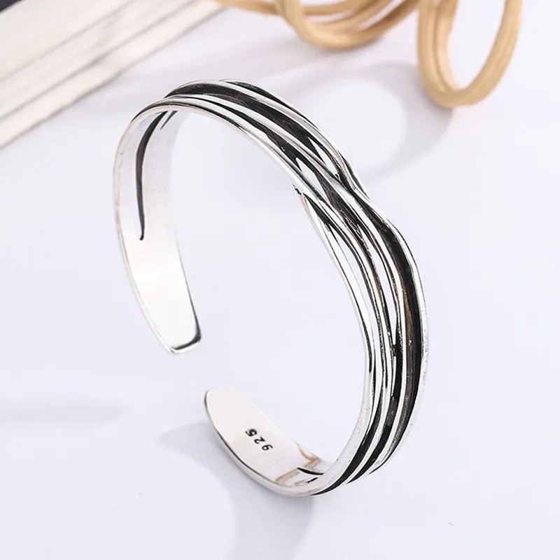 925 Sterling Silver Braided Bracelet Geometric Retro Wave Adjustable Bangle