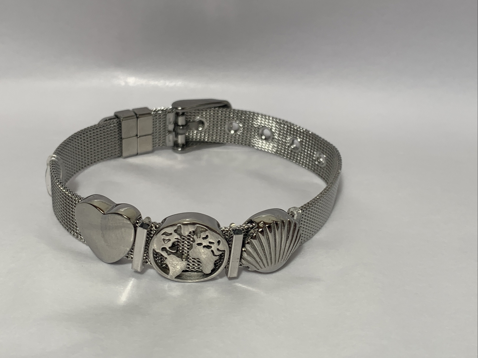 Silver Tone Stainless Steel Mesh Charm Bracelet Buckled Band with 3 charms