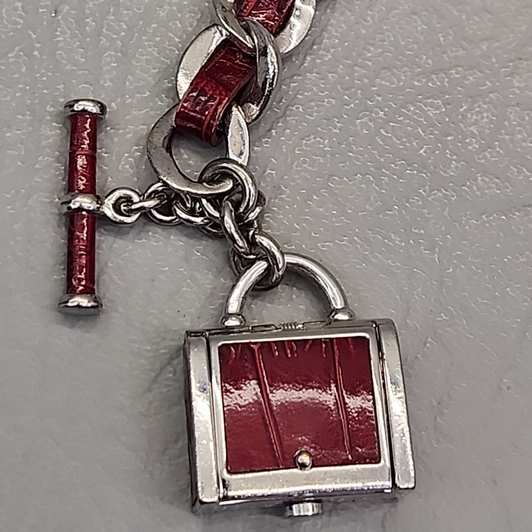 Ecclissi Bracelet Purse Charm Watch Red Faux Leather Silver Tone Chain 7″