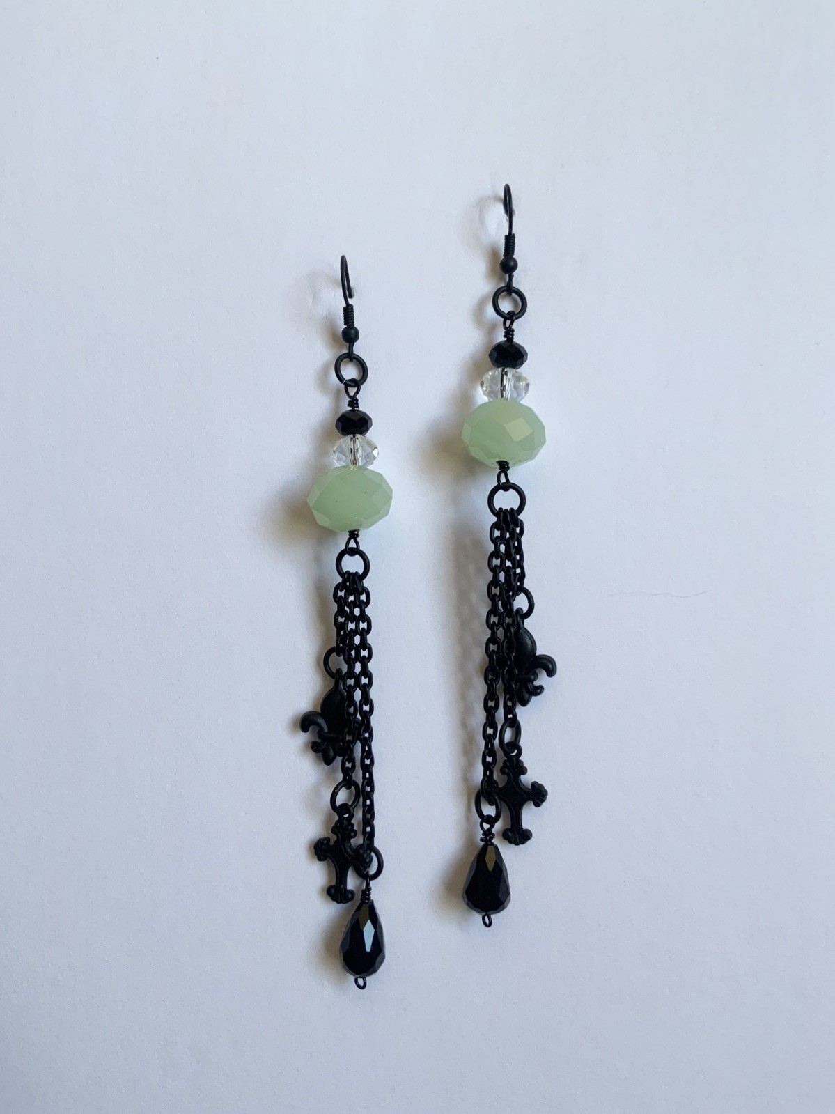 ORIGINAL OOAK Design Black/Green Glass Bead Dangle Earrings,Fleur de lis, Cross