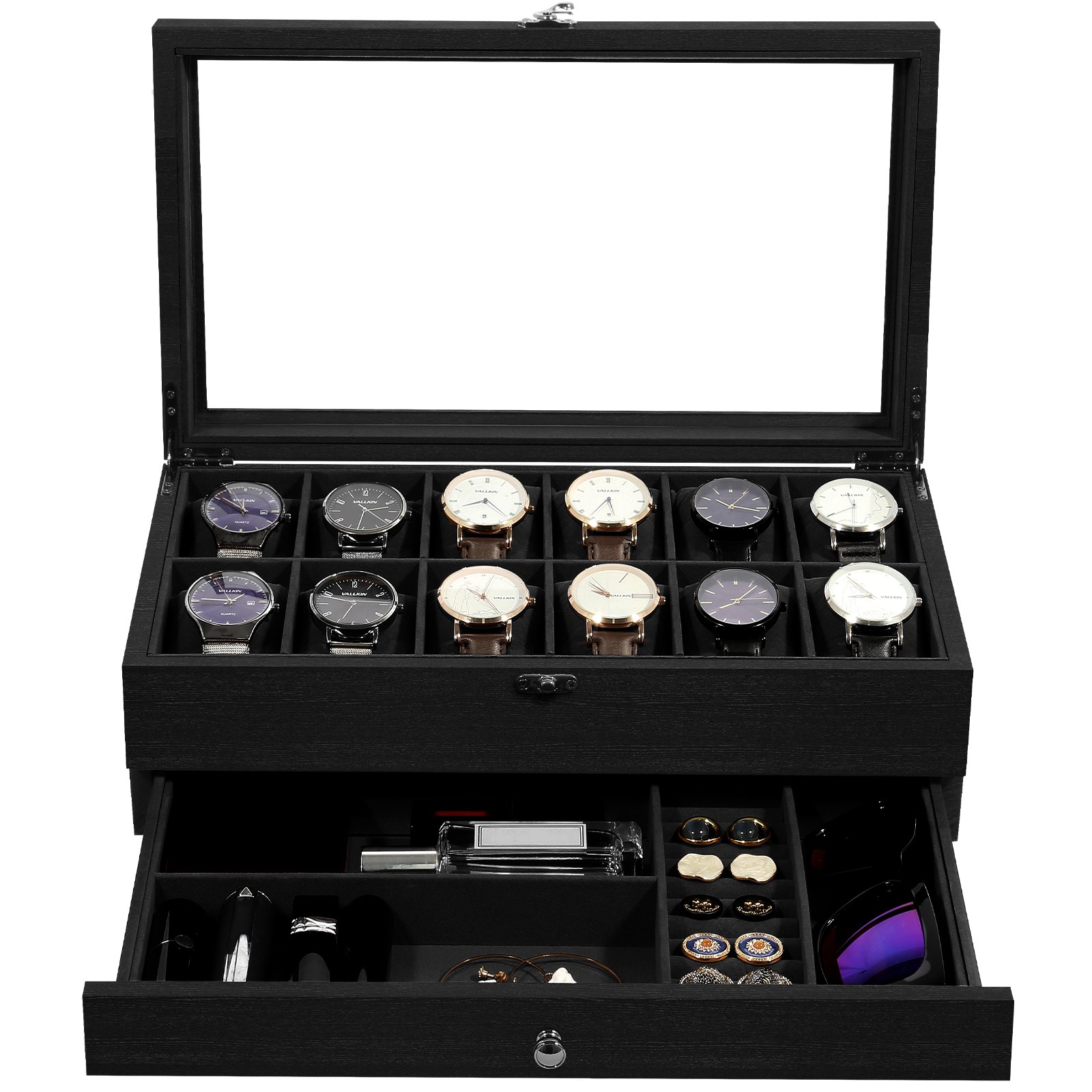 12 Slots Watch Box Organizer Solid Wood Glass Lid Watch Case Jewelry Display Box