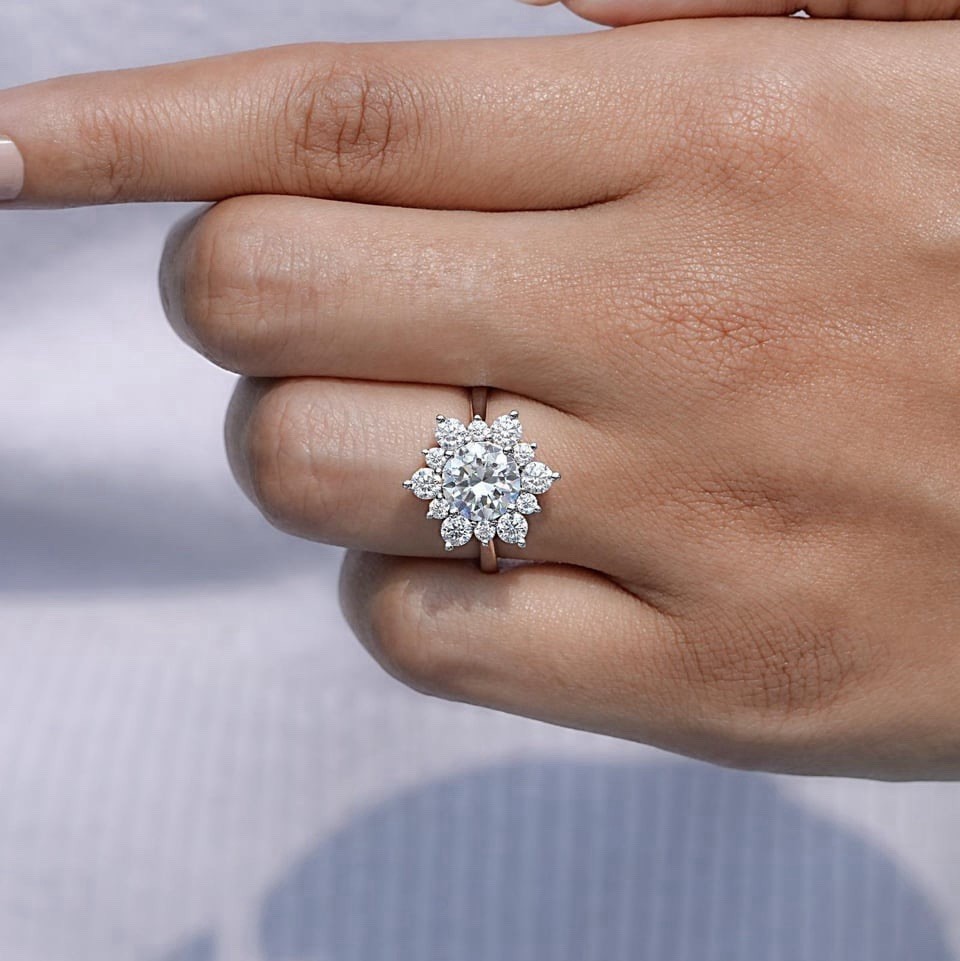 Floral Moissanite Engagement Ring – Flower Halo Design in 925 Sterling Silver