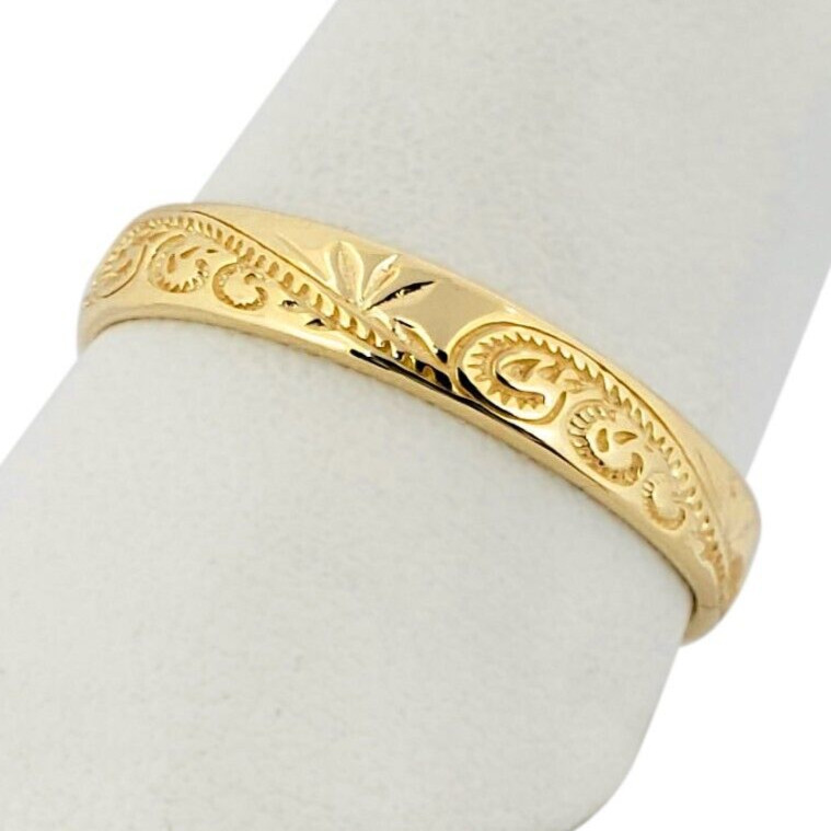 Solid 18K Women’s Yellow Gold Ring Engraved Hawaiian Scroll Ring 4mm Size 1 – 12