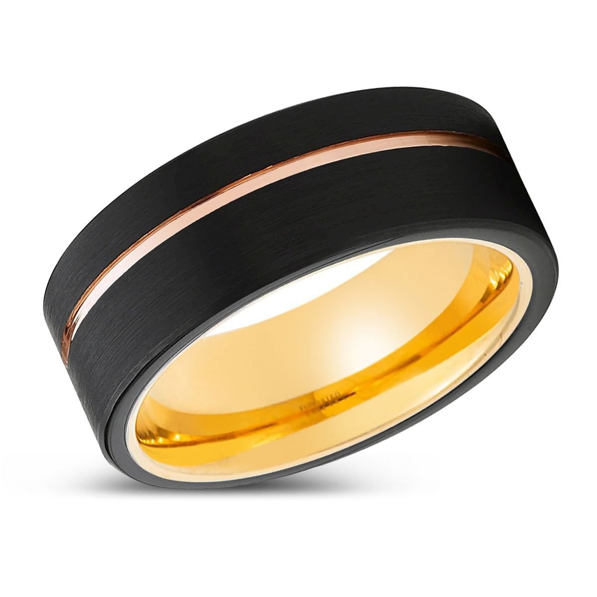 GLORIOUS | Gold Ring, Black Tungsten Ring, Rose Gold Offset Groove, Brushed, Fla