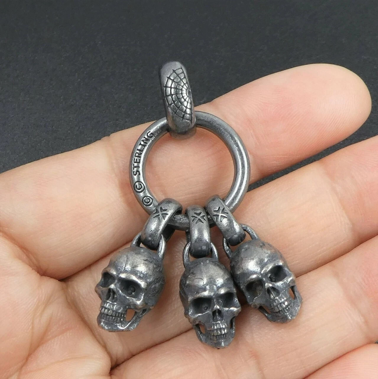 Black Silver Three Skulls on Ring Pendant Men Gothic Biker