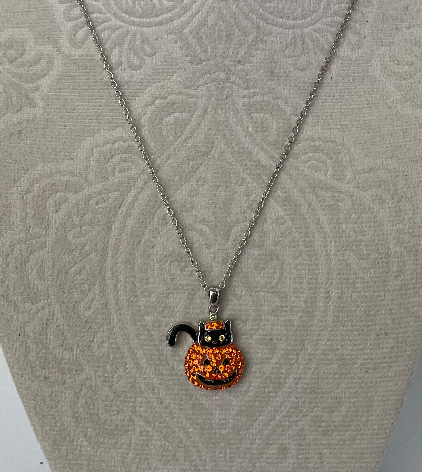 Halloween Black Cat & Pumpkin Necklace Pave Rhinestones Silver Tone 18” Chain