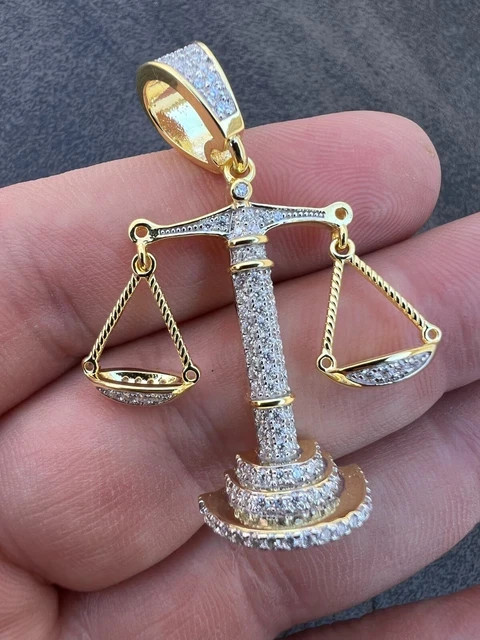 MOISSANITE Real Silver Iced Libra Balanced Scale Pendent Passes Tester yellow pl