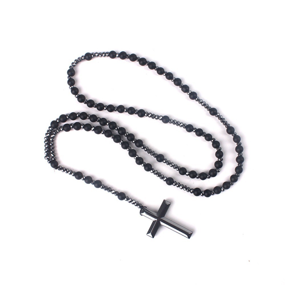 Religious Cross Pendant Black Shining Matte Imitation Agate Gallstone Necklace