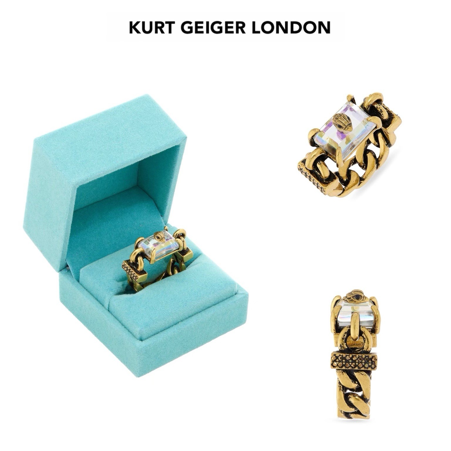 NIB KURT GEIGER EAGLE HEAD Antique Gold Tone Iridescent Crystal Ring-Sz.9