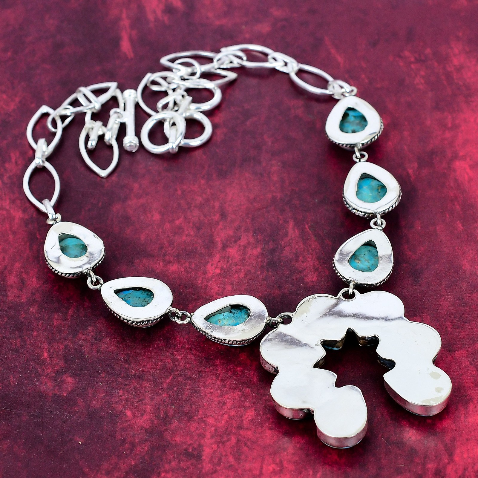 Blue Turquoise Gemstone Handmade 925 Sterling Silver Jewelry Necklace For Her