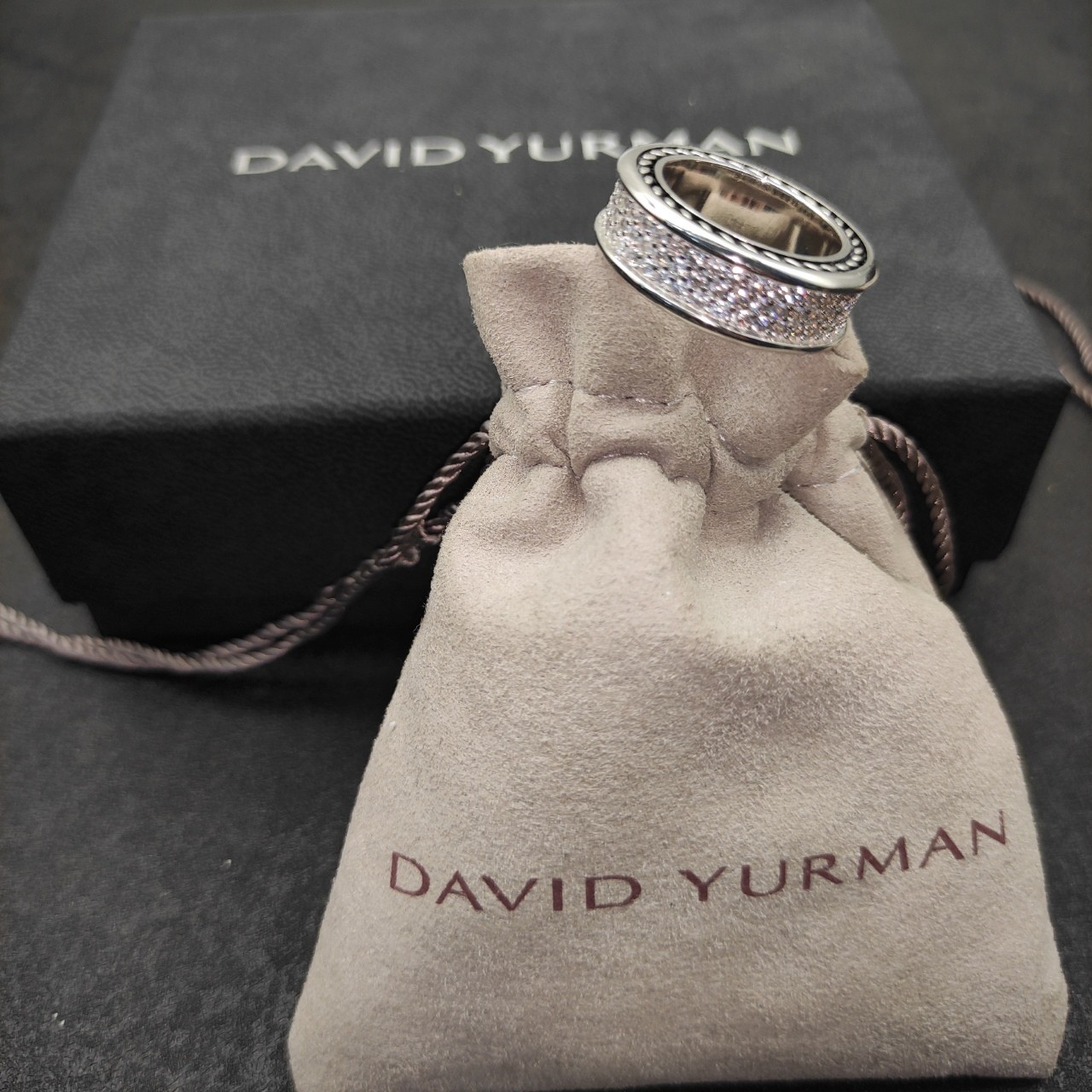 David Yurman Sterling Silver with Diamonds 8.5mm Pavé Three Row Band Ring SZ 8