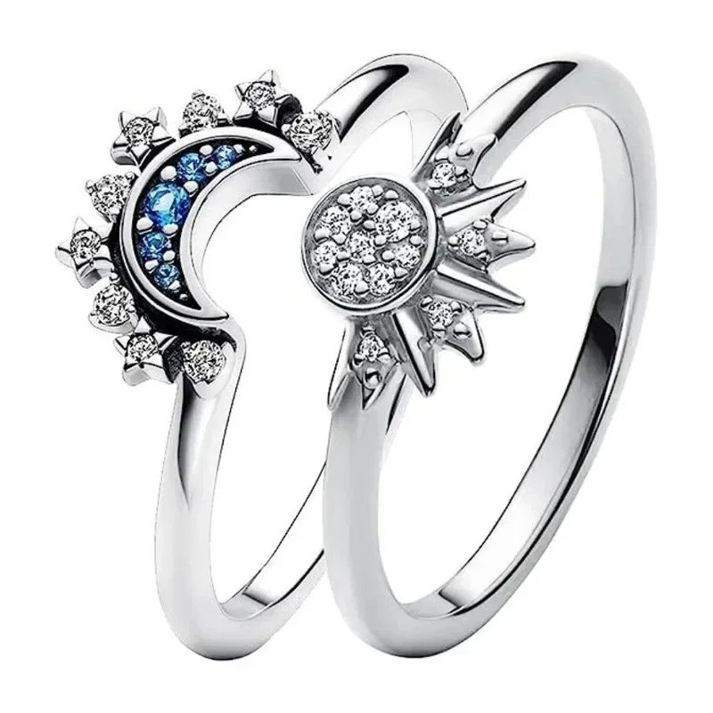 New Celestial Blue Crystal Moon Sun Star Ring Women Elegant Stackable Jewelry