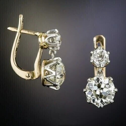 Round Cut Lab Created Diamond Fancy Drop/Dangle Earring 14K Yellow Gold Plated