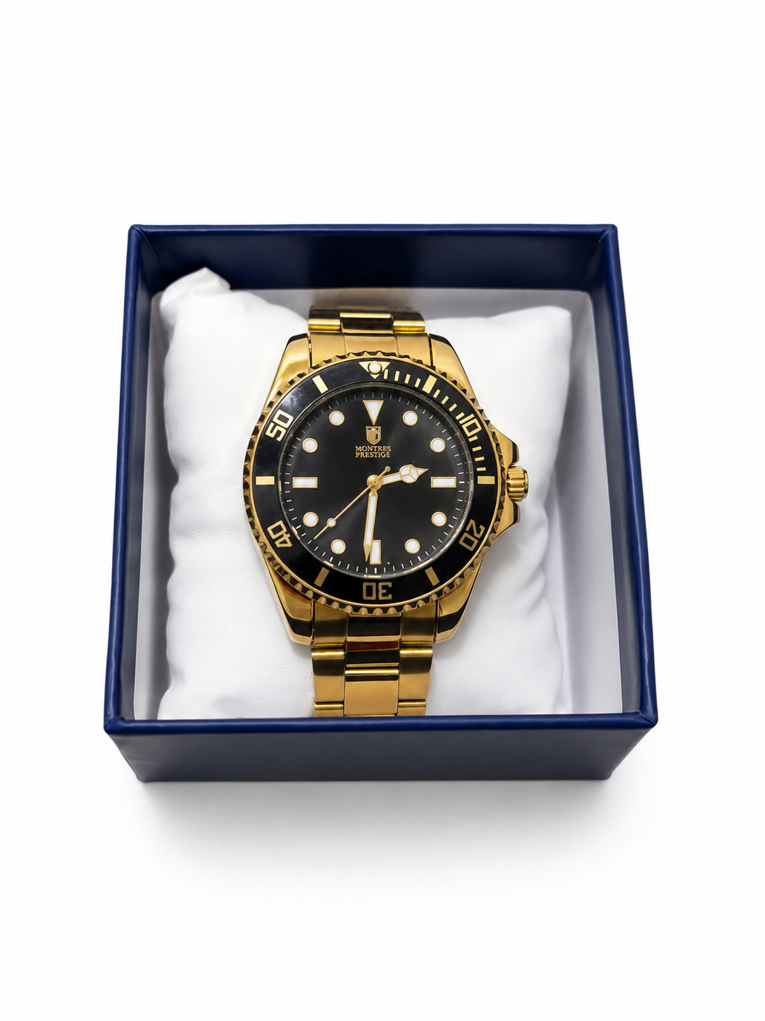 Montres Prestige MPW-0085 Gold Tone Diver Style Watch Black Dial w/ Box NEW