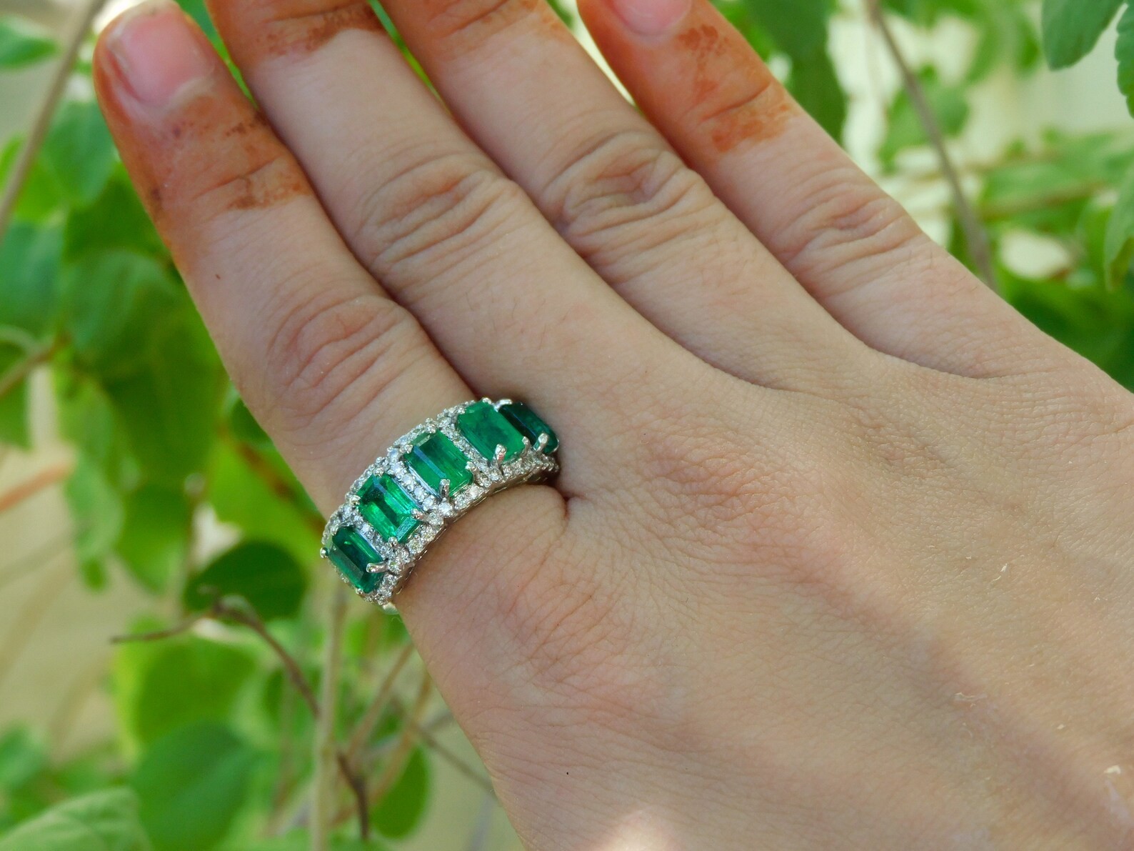 2.55 Ct Emerald Cut Natural Emerald & Diamond Ring 14K Solid White Gold Size 7