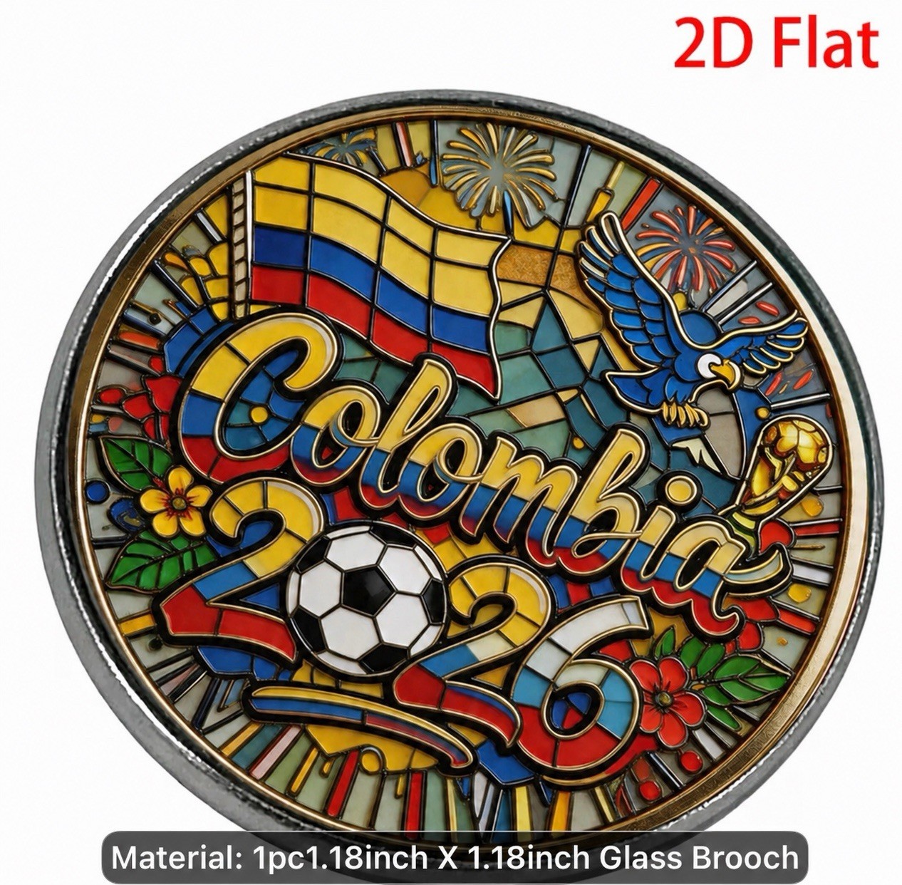World Cup 2026 Colombia Flag Round Glass Steel Pinback Brooch Multicolor 1.18 in