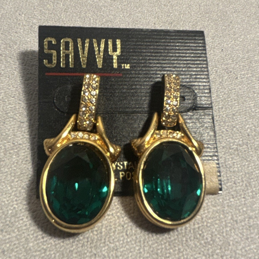 Swarovski CrystalGold Tone Green Oval Crystal Earrings Surgical Steel Posts