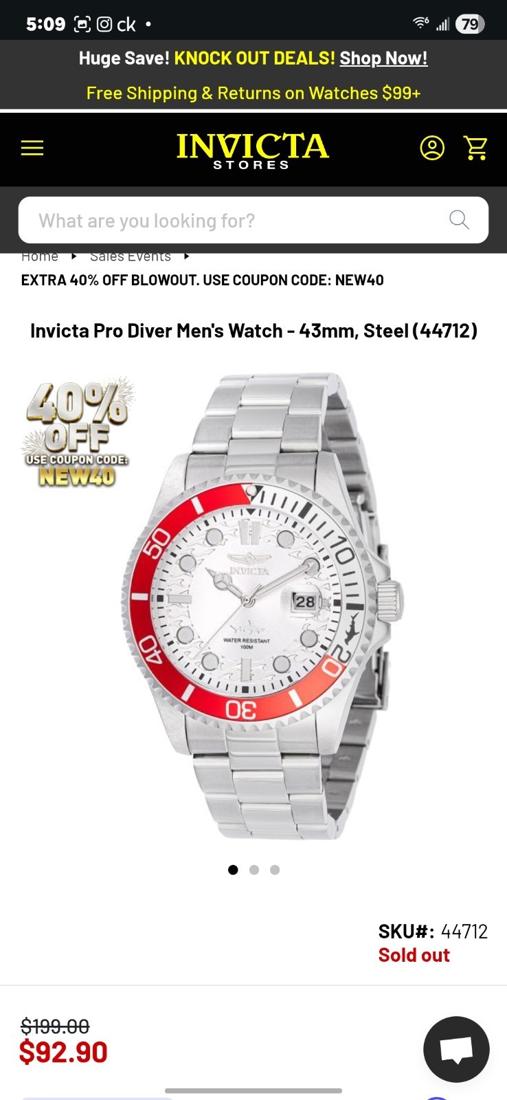 44712 – Invicta Pro Diver Men’s Watch – 43mm, Steel