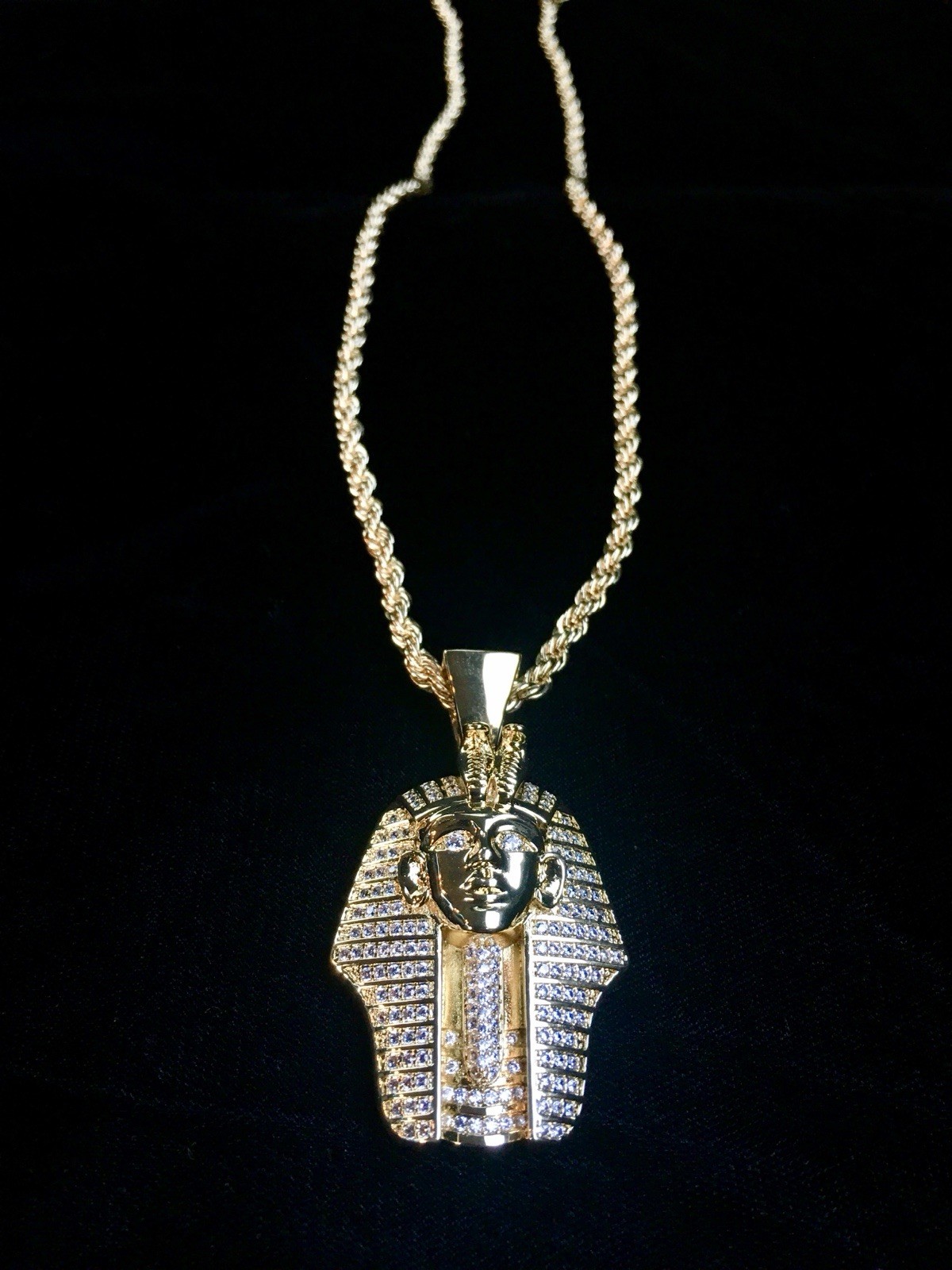 18K GOLD ROPE 24” CHAIN EGYPTIAN PHARAOH LAB DIAMONDS NECKLACE **MADE IN ITALY**