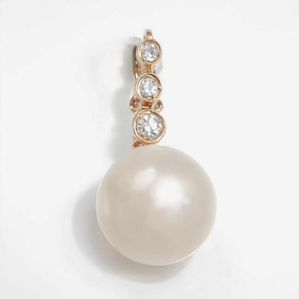 14K Solid Yellow Gold South Sea Pearl Diamond Enhancer Pendant 9.45mm Estate