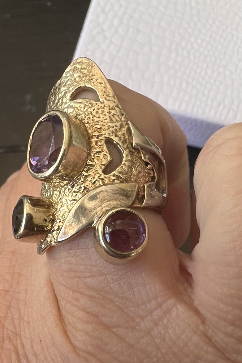 Unique Artisan Signed Yes Two Toned Sterling 925 Amethyst Garnet Wide Band Ring