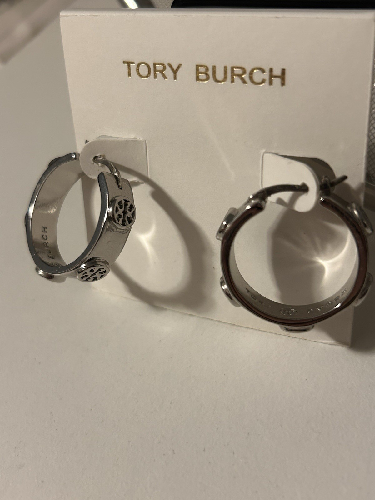 Tory Burch Miller Logo Silver Hoop Earrings Studded Medallion Huggie Hoops