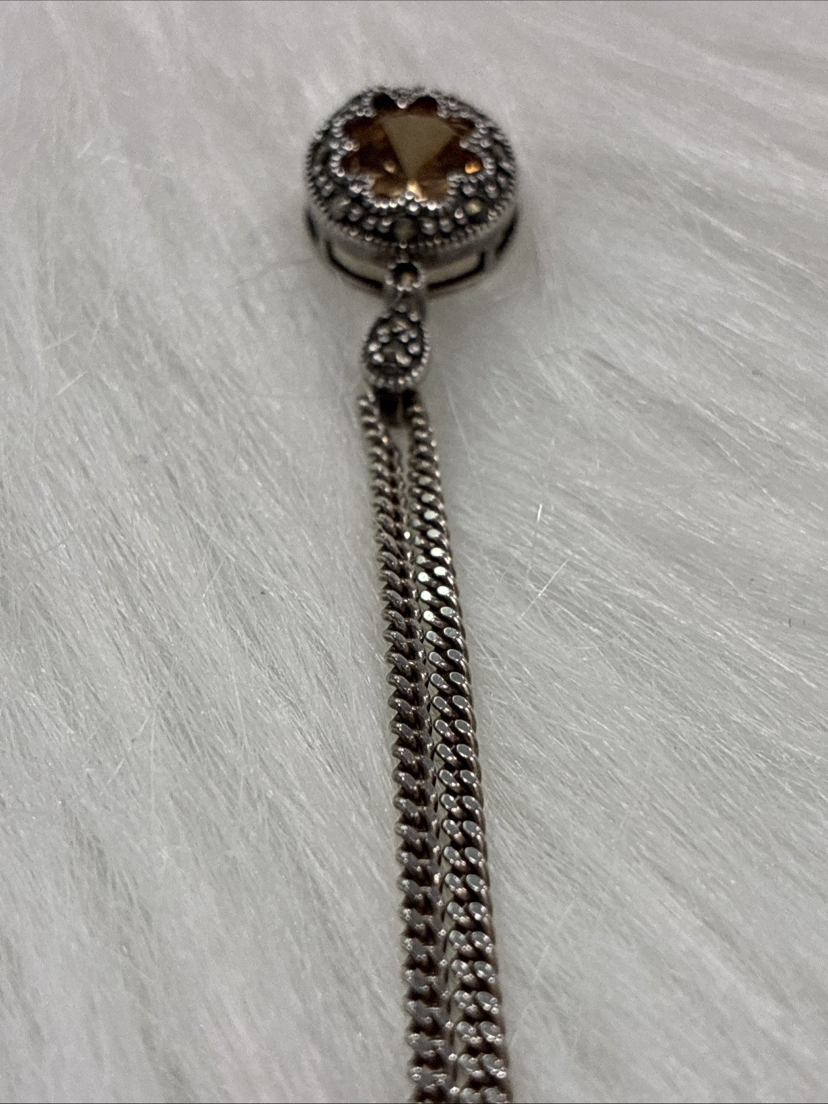 925 Italy Sterling Silver Curb Chain Peach Halo Black Marcasite Pendant Necklace
