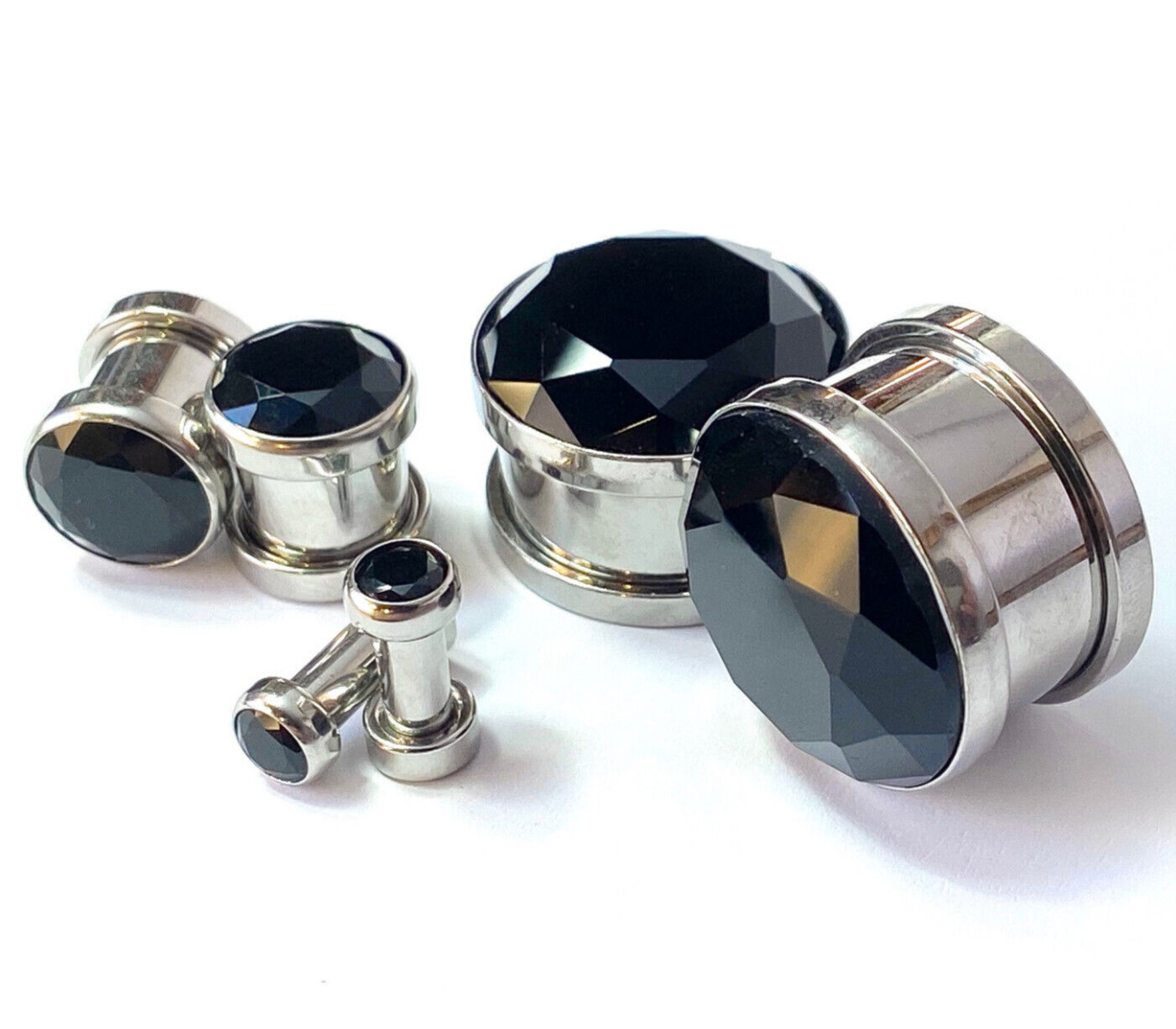 PAIR Large Black Gem Screw Fit Tunnel Plugs Gauges Pierced Body Jewelry Piercing