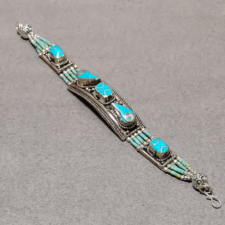 Turquoise Gemstone Bracelet Tibetan Silver Bohemian Nepali Jewelry 7″ NBB 3235