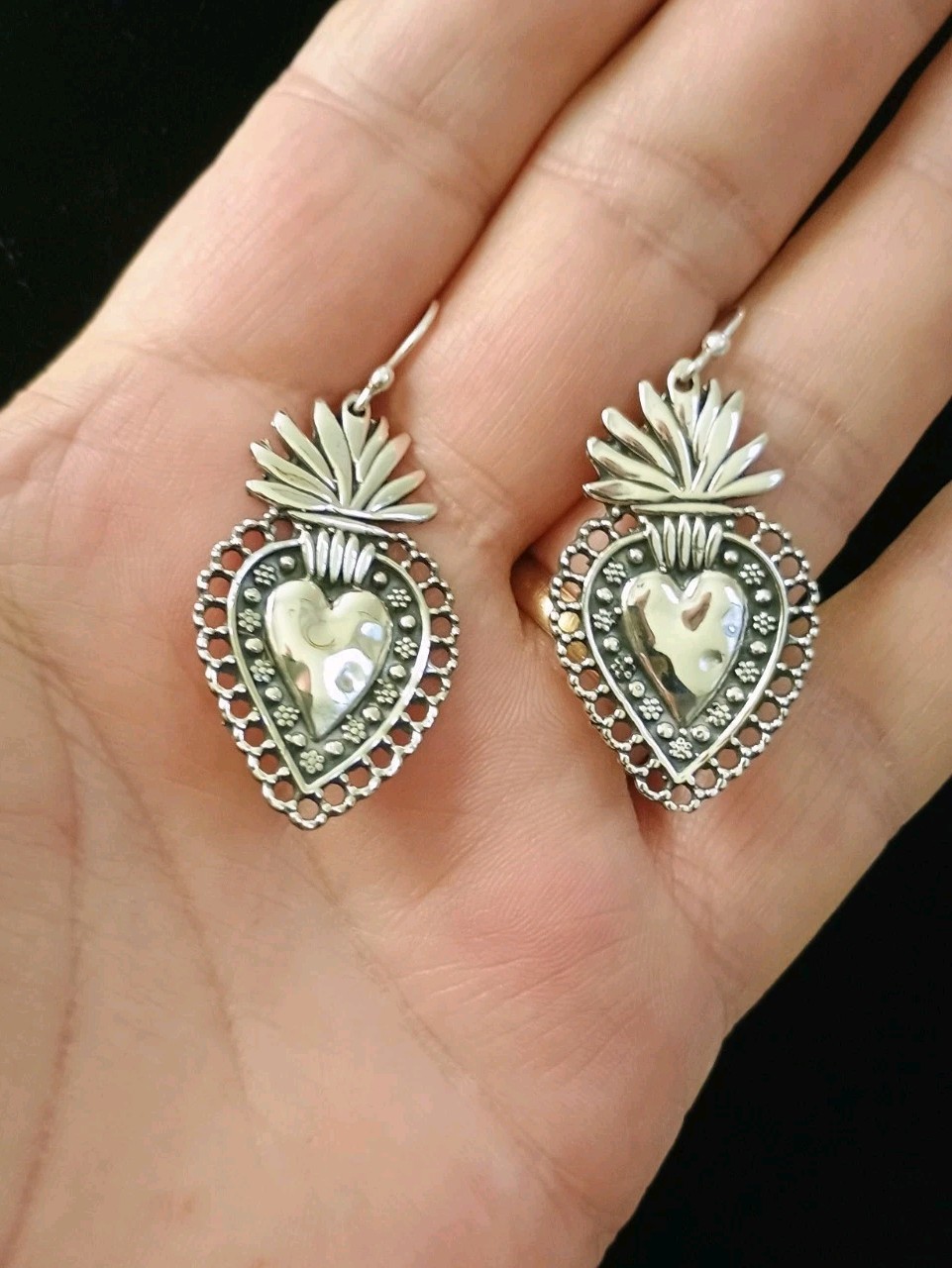 Taxco Flaming Sacred Heart Frida Dangle Earrings 10g 925 Sterling Silver NEW