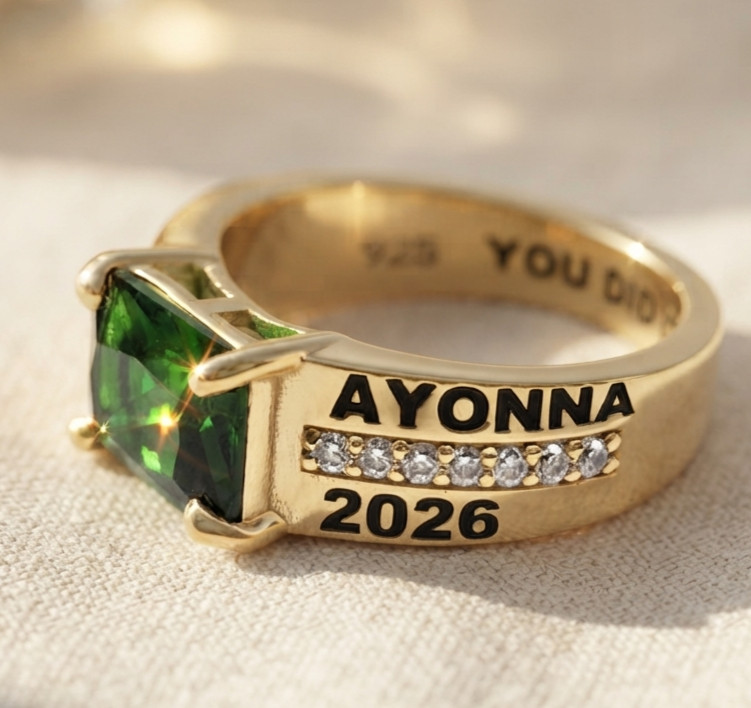University Name Year Inside Engraved Custom Emerald BirthStone Class Ring Gift