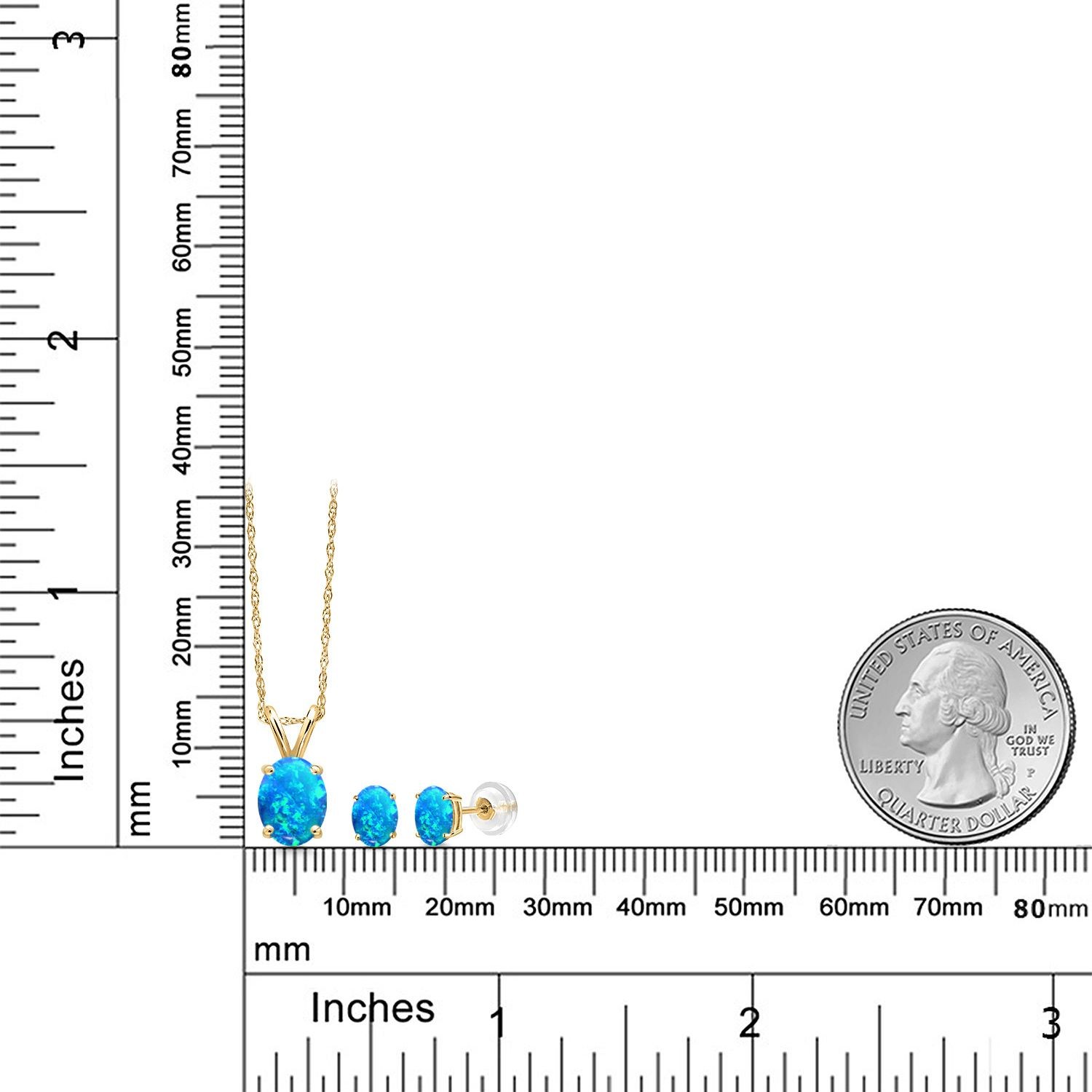 14K Yellow Gold Simulated Blue Opal Pendant Earrings Jewelry Set For Women |