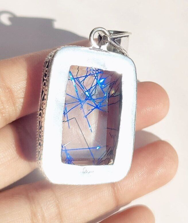 Blue Rutilated Quartz Gemstone 925 Sterling Silver Handmade Jewelry Pendant