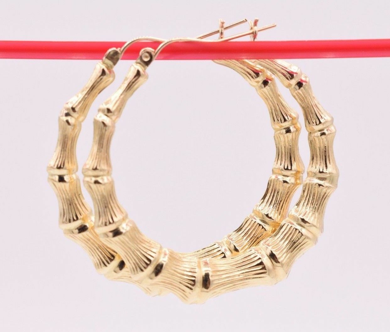 1 3/4″ Graduated Large Diamond Cut Bamboo Hoop Earrings Real 10K Yellow Gold