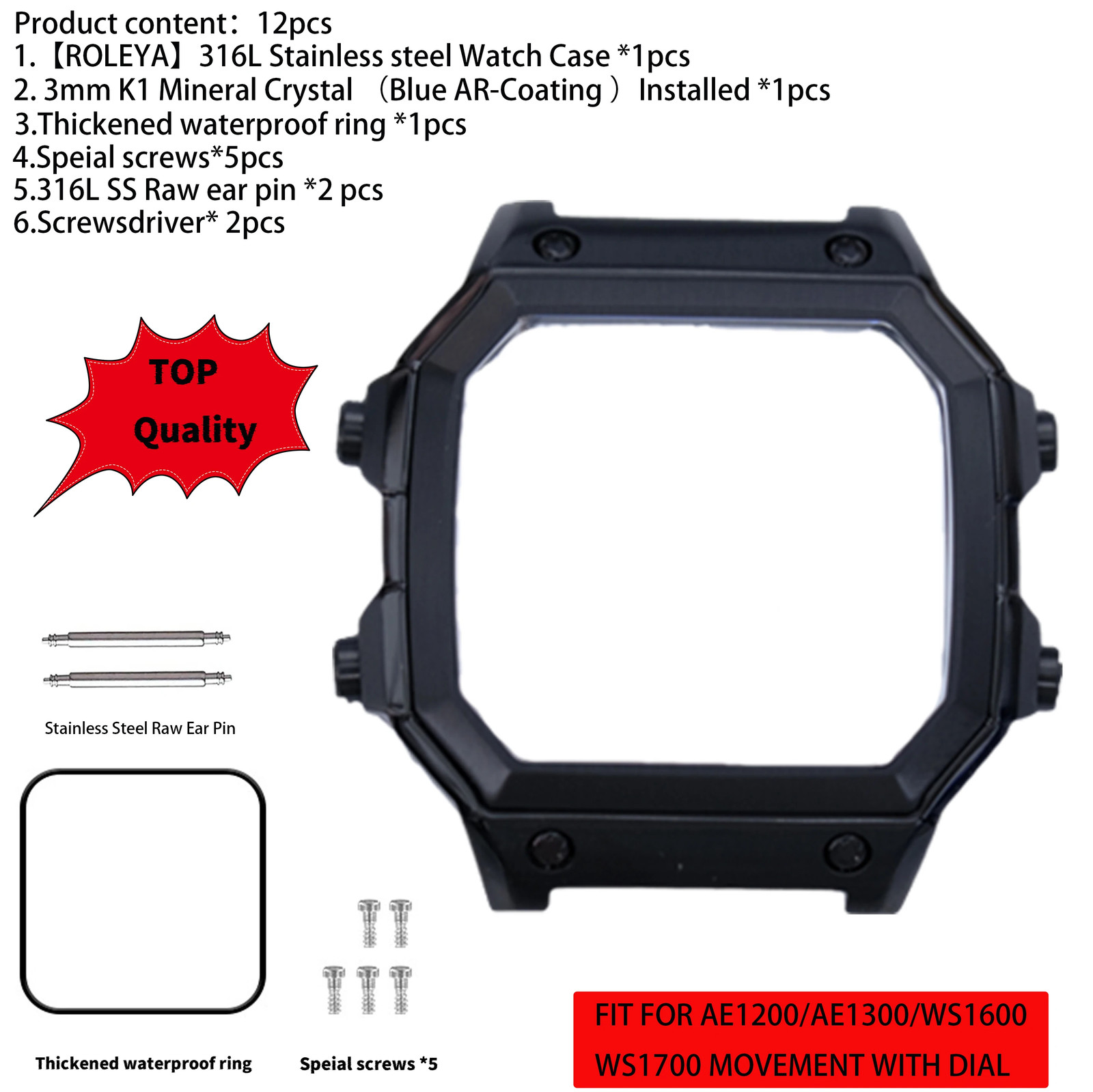 Suitable For Casio AE1200 Watch Case Mod Kit 316L Stainless Steel Glass 10ATM