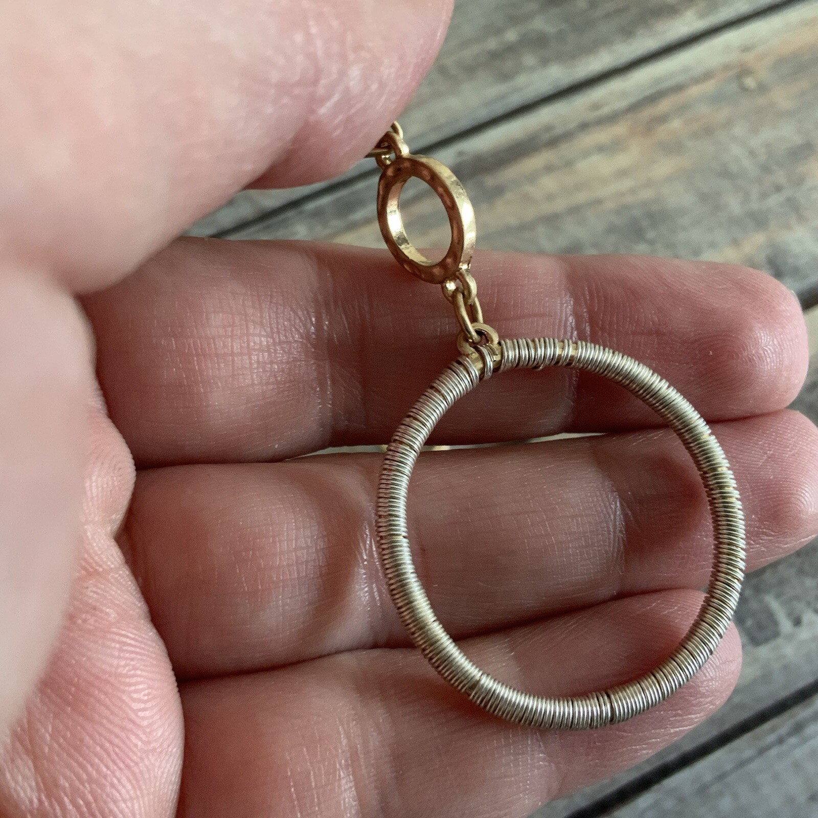 Mixed metal wrapped wire hoop dangle earrings