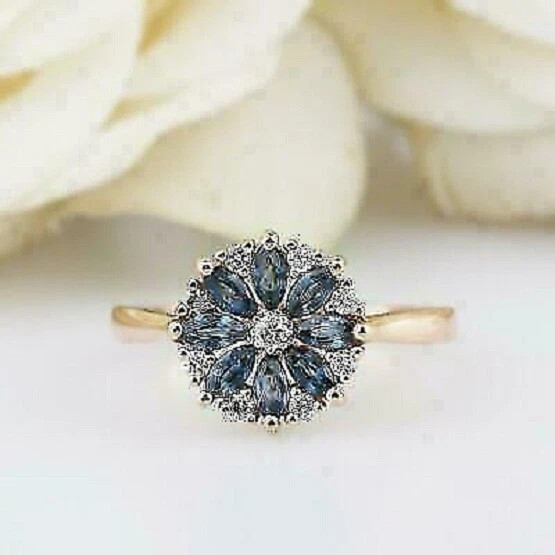 1.50Ct Marquise Lab-Created Sapphire Flower Engagement Ring 14K Rose Gold Plated