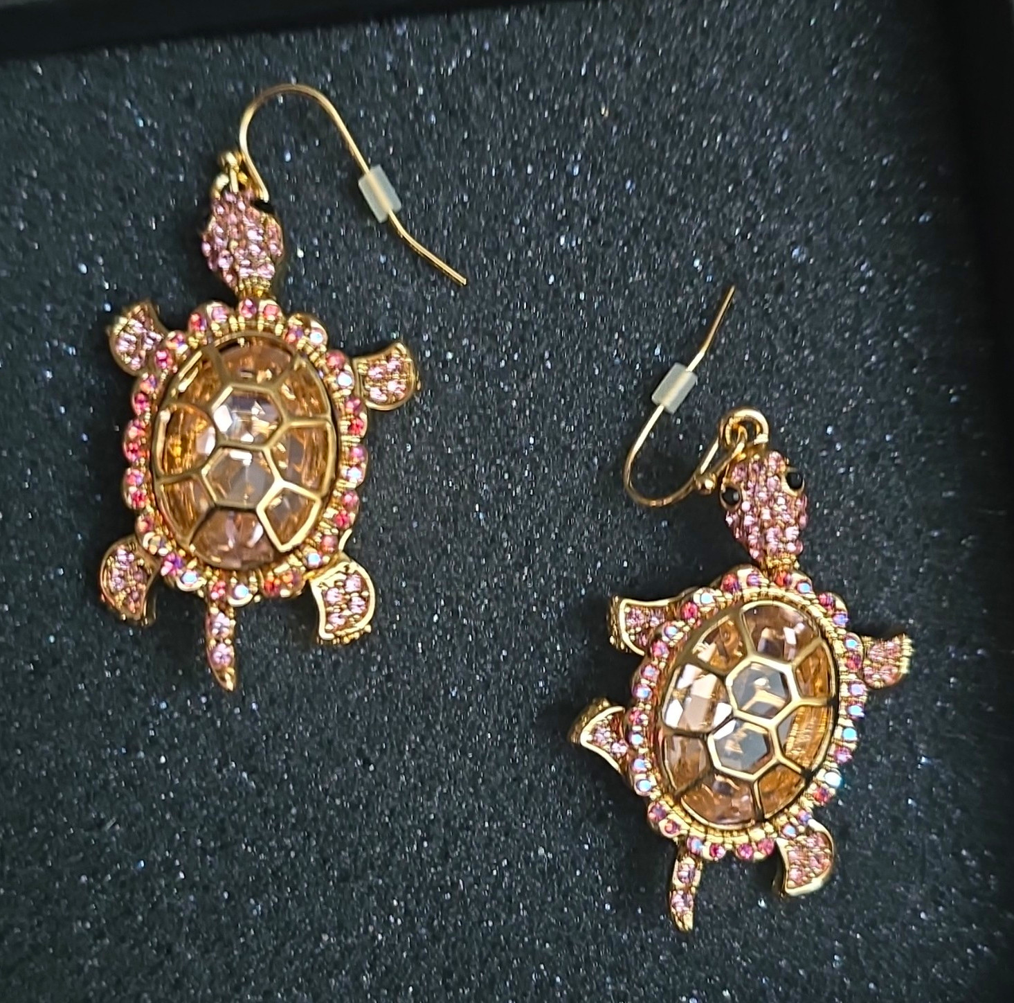 Gold Tone Turtle Dangle Drop Hook Earrings Pink Crystal Accents