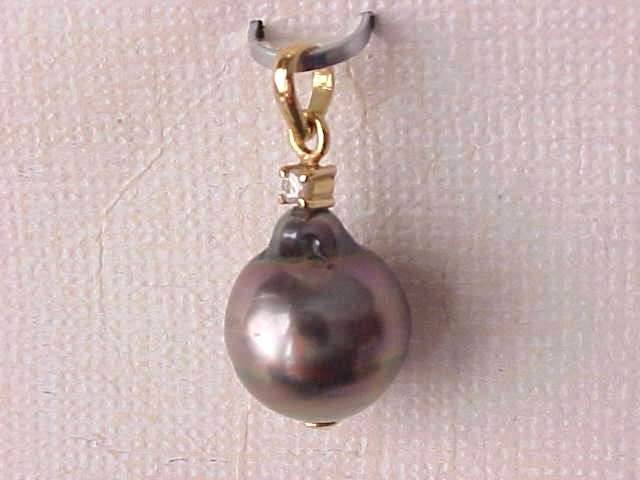11.5MM X 13.5MM GENUINE TAHITIAN PEARL & DIAMOND PENDANT SOLID 18K YELLOW GOLD