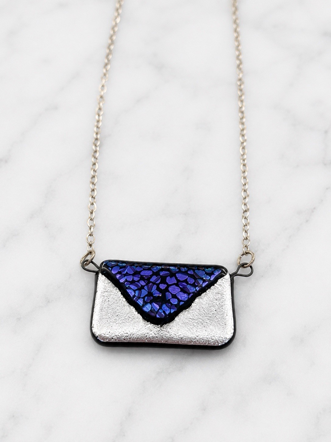 Silver Plated Cable Chain Necklace Blue Glass Rectangle Bezel Pendant