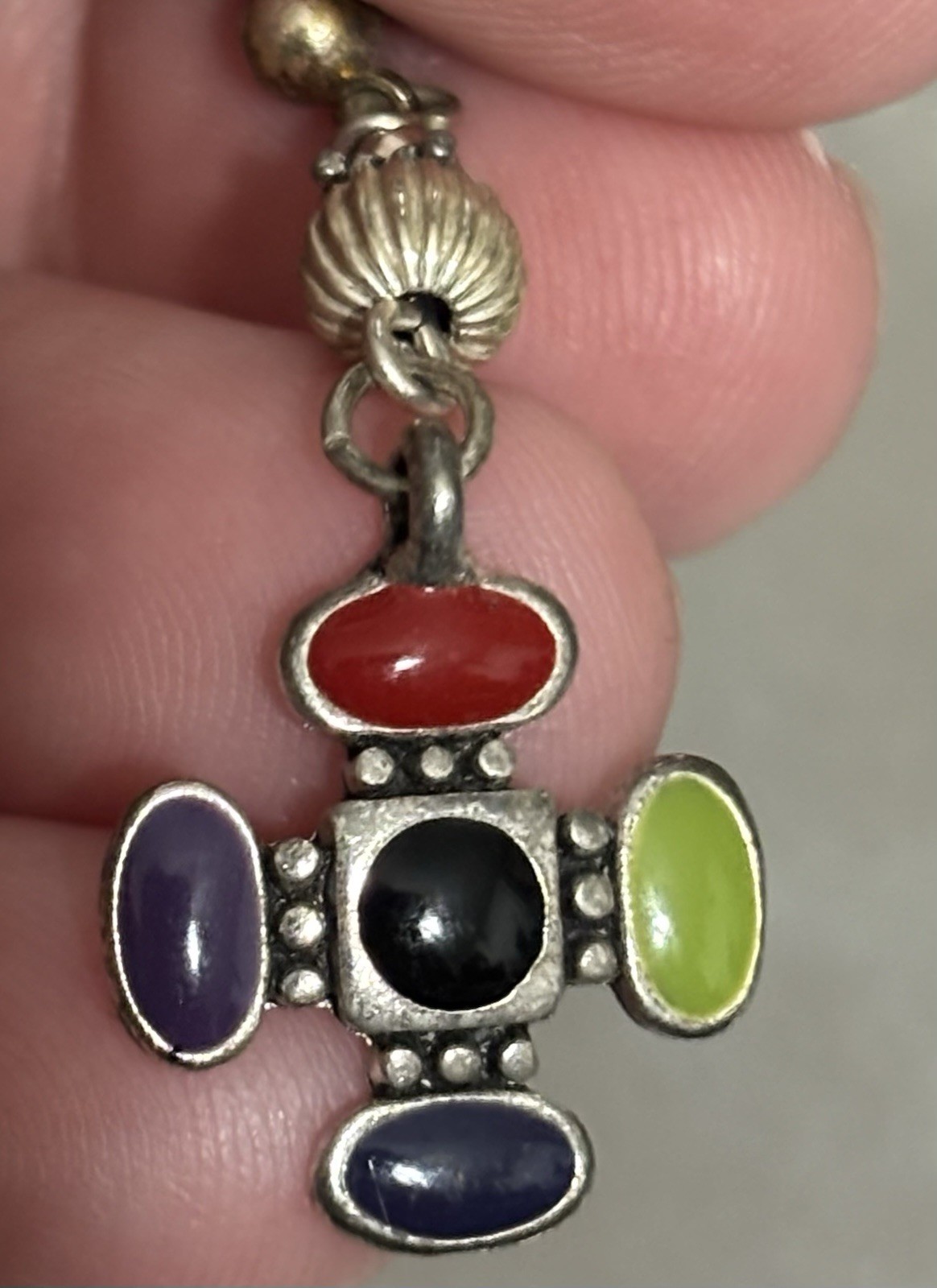 Silver tone cross Pierced earrings with Purple, Green, Black Enamel